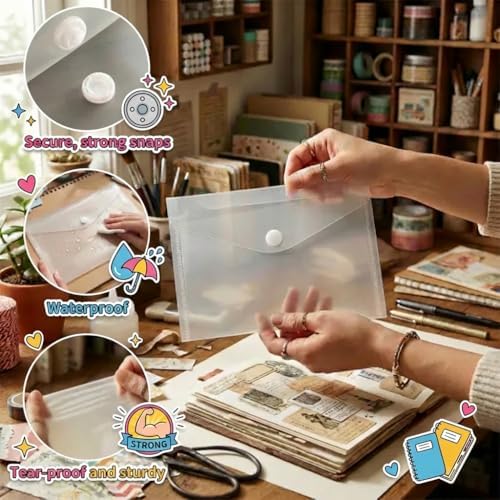 Sticker Organizer, Clear Plastic Envelopes with Snap, 12 Pack Waterproof and Durable for Sticker Storage, Scrapbook Storage, Washi Tape, Scrapbooking & Stamping Supplies (5 x 7 Inches)