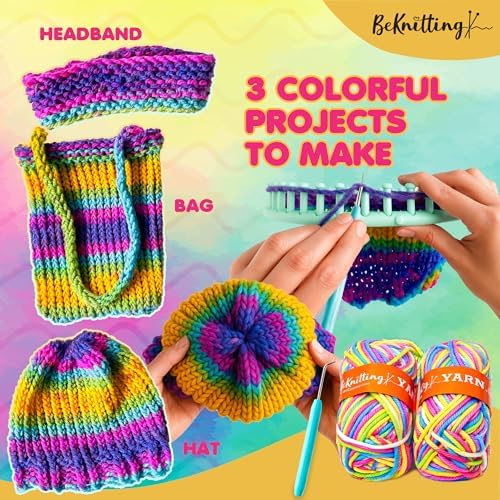 BeKnitting Loom Kit - Beginner Learn to Knit Hat, Bag and Headband for Kids & Adults | DIY Arts & Crafts w/Round Loom, Yarn, Crochet Hook, & Pen | Weaving | Holiday Gifts, Gift-Ready Box