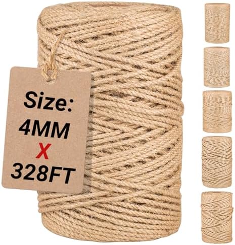 Natural Jute Twine String 4mm x 328ft Bulk Jute Rope for Crafting, Gardening, Gift Wrapping - Brown Decorative Cord for Cat Scratching Posts, DIY Projects
