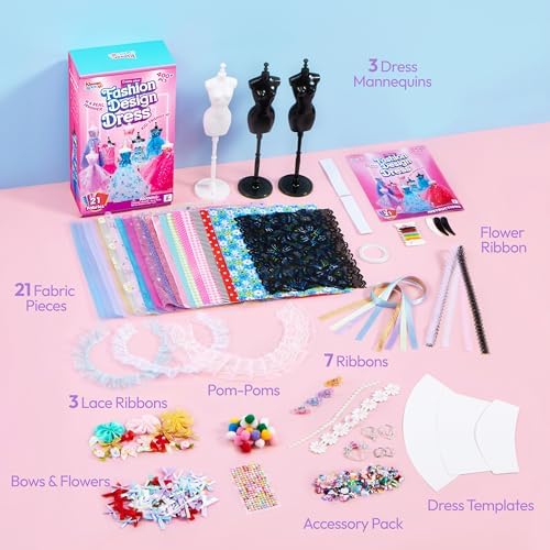 Klever Kits 400+PCS Fashion Design Crafts for Kids, Art and Crafts, DIY Sewing Kits with 3 Mannequins for Girls Aged 8-12, Toys for Kids, Birthday Presents, Doll Clothes