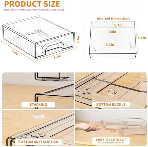 Yieach 2.2'' Tall Acrylic Clear Stackable Storage Drawer Organizer,8 Pack Desk Organization and Storage,Plastic Office Supply Organizer,Drawer Storage Organizer for Makeup,Accessory,Pen,Art Crafts