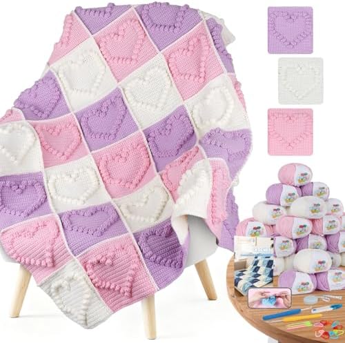 Coopay Crochet Kit for Beginners, 3D Heart Granny Square Blanket Kit, Set A