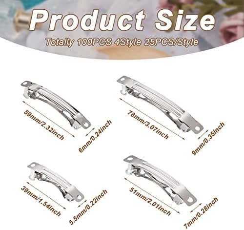 100Pcs Iron Blank French Barrette Hair Clip 4 Sizes 39/51/59/78mm Long Platinum for DIY Hair Accessories Making