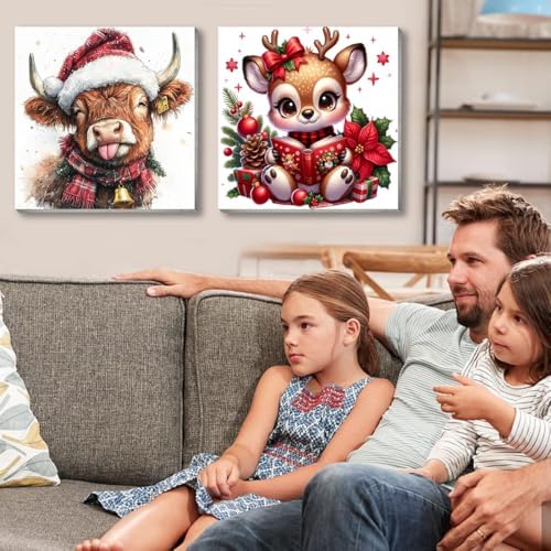 VIGEGU 4 Pack Christmas Paint by Numbers Kit for Adults with Framed,Cow Horse Deer Cardinal Lantern House Paint by Number DIY Adult Paint by Number Kits for Wall Decor 10x10in