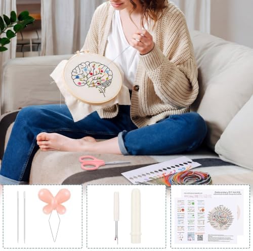 Fanfanwin 1 Set Brain Embroidery Kit for Beginner Floral Brain Cross Stitch Kits Easy Embroidery with Hoop, Needles, Threads, Instruction Threads Tools DIY Craft Art for Mental Health Mindfulness Gift