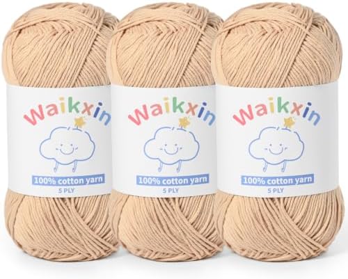 3 Pack of 100% Cotton Yarn for Crocheting,Baby Yarn for Crocheting Soft,5 Ply Milk Cotton Yarn,#2 Sport Weight Cotton Yarn,10.6oz/787.4yds Amigurumi Yarn for Puzzle,Clothes&DIY Crafts.(3 Khaki)