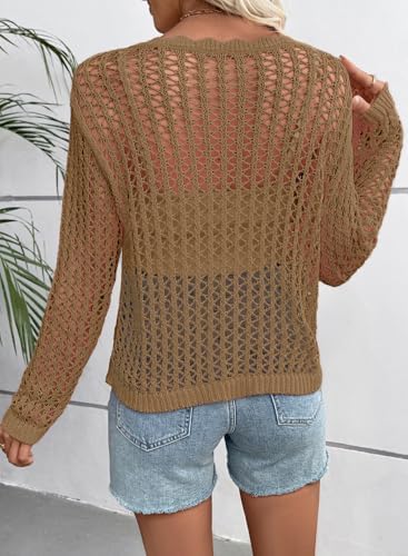 EVALESS Crochet Tops for Women Long Sleeve Hollow Out Knit Sweaters