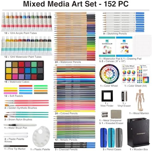 COLOUR BLOCK 152-Piece Wooden Easel Art Supplies Set, Professional Painting and Drawing Art Kit with Mixed Media Acrylic and Watercolor Paints, Pencils and Tools for Adults and Mixed Media Artists