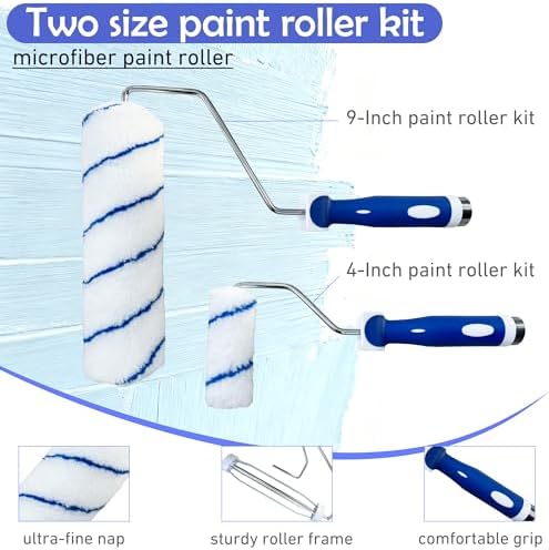 Paint Roller Kit 16PCS, 9&4 Inch Paint Roller with Adjustable 2-4FT Stainless Steel Extension Pole, Lint-Free Roller Covers, Paint Tray with 4 Liners, Roller Cleaner Tool, for Wall Ceiling Painting