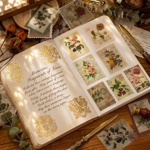 60pcs Vintage Postage Stamp Stickers, Aesthetic Botanical Deco Paper Sticker for Scrapbooking, Journaling Supplies, Planners, Kid DIY Art Crafts, Bullet Journal Ephemera