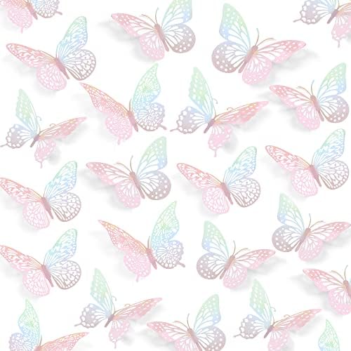 SAOROPEB 3D Butterfly Wall Decor 48 Pcs Laser Pink Butterfly Decorations | 4 Styles 3 Sizes, Birthday Decorations Butterfly Party Decorations Cake Decorations, Removable Stickers
