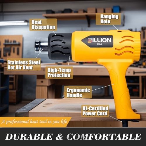 Heat Gun, BILLION GOLD 1800W Hot Air Gun 752℉-1112℉ with 2 Temperature Setting, Heat Gun for Crafting, Shrink Tubing, Paint Removing - 2 Nozzles
