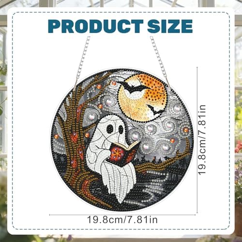 CRZMODE Halloween Diamond Art Hanging Kit for Adults, Ghost Read Book Pendant Diamonds Painting Art Kit, Special Crystal Diamond Art Painting Pendant Ornament, Craft Gift for Women Home Window Decor