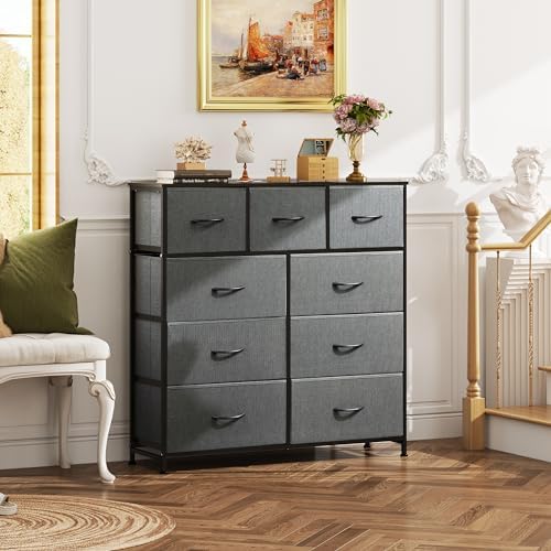 WLIVE Tall Dresser for Bedroom, 9 Drawer Chest of Drawers, Dark Grey | 9 roomy fabric drawers, Tall storage design, Bedroom or closet use, Sturdy steel frame, Smooth wood tabletop