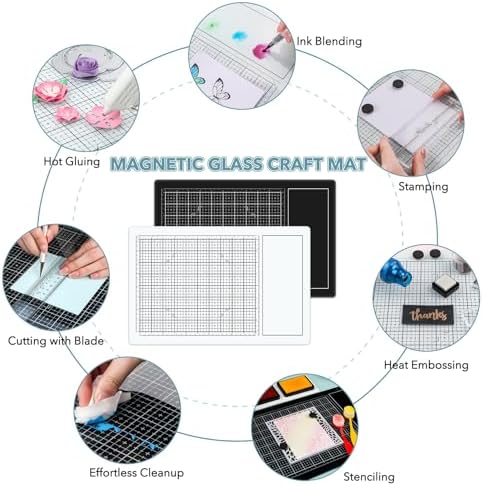 Glass Craft Mat for Crafting Measuring Painting Work Magnetic Cutting Media Mat for Crafts Tempered Glass Crafting Surface for Cutting Stamping Mixed Media Heat Embossing and Hot Glue Projects, White