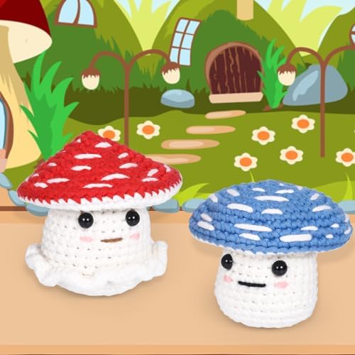 Crochet Kit for Beginners: 2 PCS Red & Blue Mushroom Starter Crochet Kits with Step-by-Step Video Tutorials and Yarns, Hook, Accessories, DIY Craft Gift for Adults and Teen(30%+ Yarn)