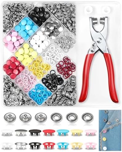 200 Sets FIVEIZERO Metal Snaps Buttons with Fastener Pliers Press Tool Kit for Sewing and Fabric, Snap Fasteners Kit in 7 Colors for Clothing, Crafts, and DIY Projects (10mm)