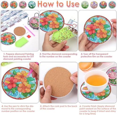 ijbnhd 8 PCS Flowers Diamond Art Coasters (Cork Wooden Pad)