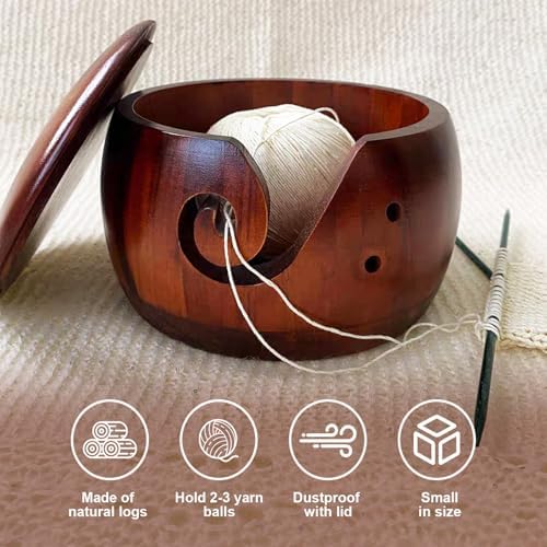 Wooden Yarn Bowl with Lid, Crochet Yarn Bowl with Holes Storage, 5.9x3.7in Knitting Bowl for Handmade Crocheting Accessories, Yarn Storage Bowls for Knitting and Crocheting