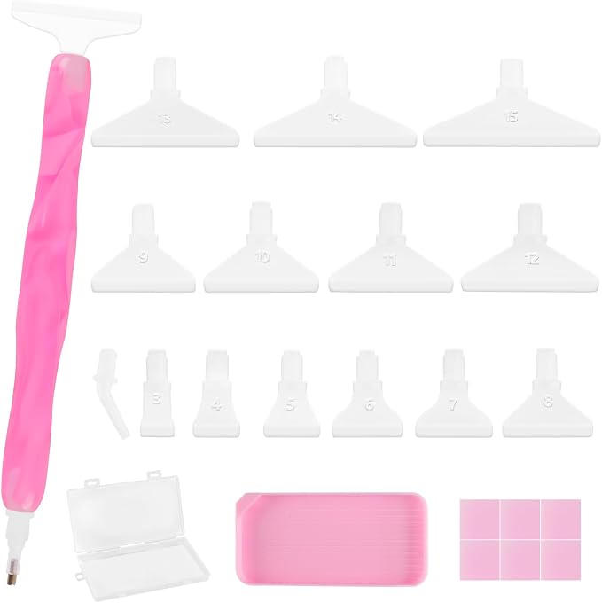 Phinus Diamond Art Pens 24P, Acrylic Diamond Painting Pen with Various Tips and Dotting Clay, Ergonomic Diamond Art Tools Set for 5D Gem Paintings (Pink)