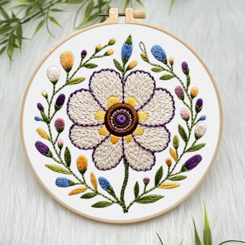 ERKOON Embroidery Kit for Beginners Adult, Cross Stitch Set Include Embroidery Cloth Hoop Threads for Craft Lover Hand Stitch with Embroidery Skill Techniques (Flower)