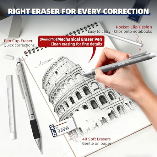 WUO 0.7 mm Mechanical Pencil Set with Eraser Pen Storage Case, 6 PCS