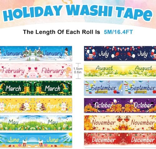 Whaline 12 Rolls Holiday Monthly Washi Tape Seasonal Masking Tape Set 12 Months of The Year Decorative Wrapping Paper Tapes Boxed for Scrapbook Journal DIY Crafts