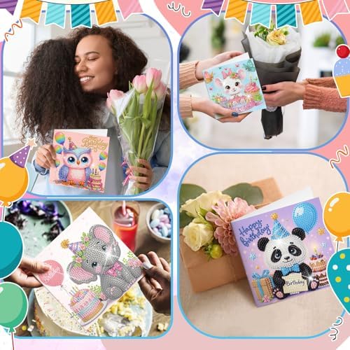 Saillong 12 Pack Happy Birthday Diamond Painting Greeting Card Kits DIY Animal Birthday Diamond Art Cards with Envelopes Cake 5D Rhinestones Painting Kits for Adults DIY Crafts Family Friend Gifts
