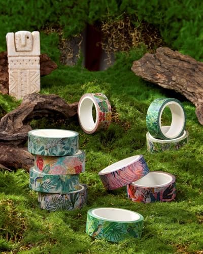 Plants Washi Tape Set in Painting Style 10 Rolls Tropical Rainforest Drawing Masking Animals Graphic Decorative Tapes for Arts, DIY Crafts, Journals, Planners, Scrapbook, Wrapping