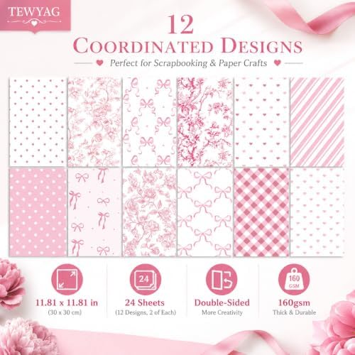 Pink Scrapbook Paper Double Sided 12x12 Coquette Bows Floral 24 Sheets
