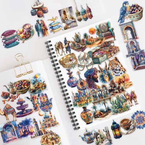 50PCS Arabian Middle Eastern Stickers for Scrapbooking, Clear Vintage Desert Islamic Mosaic Palace Camel Lantern Journal Stickers for Junk Journal Planner Crafts Watercolor Aesthetic Decor