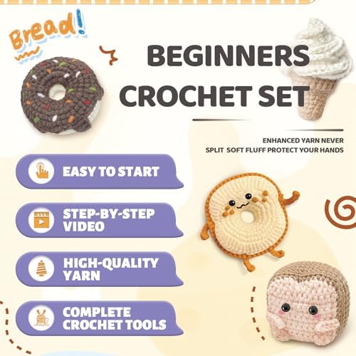 YAMAXIN Crochet Kit for Beginners, Beginner Crochet Kits with Step-by-Step Video Tutorials, Crochet Starter Kit for Adults with Yarn Sets (4pc Butter Toast, Bread, Doughnuts, ice Cream)