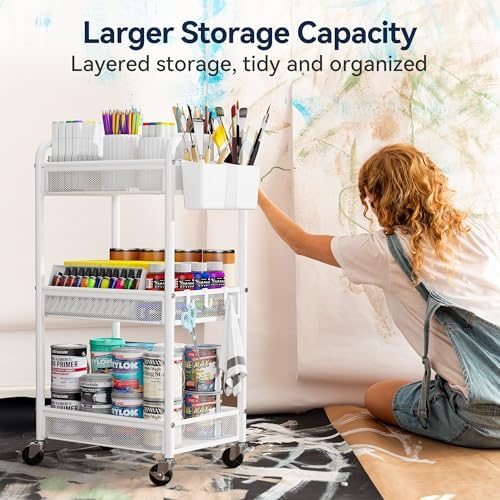 YASONIC 3 Tier Metal Rolling Cart, White Utility Storage Cart with Wheels | Metal Mesh Craft Cart With Hooks & Hanging Cups, Ideal For Kitchen, Bathroom, Office, Dorm, Art Workspace, Bedside Storage
