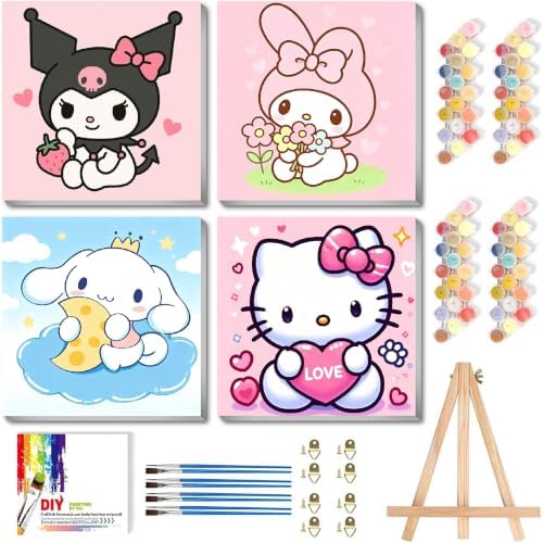LWZAYS 4 Pack Cartoon Paint by Number for Kids with Wooden Frame-Paint by Numbers for Kids Ages 4-8-12, DIY Paints with Numbers Easy Acrylic Oil Painting Kits for Home Wall Decor (8X8inch) 4.0