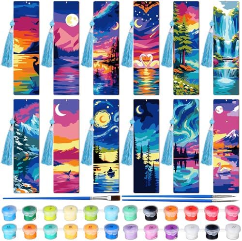 Kosiz 12 Pcs Night Landscape Paint by Number Kit for Adult Wood Bookmark | Mini Paint by Numbers Kit, Painting Decor, Tiny Mountain Tassels Blank Bookmarks, for Small DIY Craft Book Lovers Gift 7x2 ''
