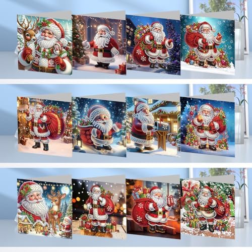 POETRYDRAW 12 Pack 5D DIY Diamond Art Painting Santa Claus Greeting Card Kit, Diamond Art Birthday Holiday Greeting Card, Crafts Kit Creative with Envelope