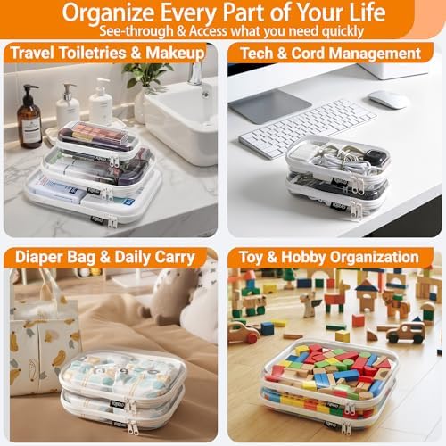 YQBRAO Clear Hard Shell Zipper Cases, 6 Travel Organizers, 2M 4S, White