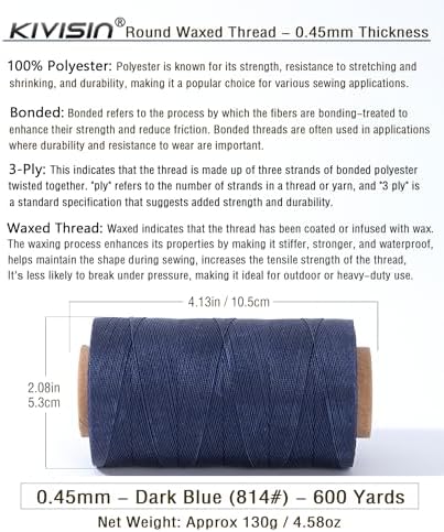 Thin Round Waxed Thread 0.45mm, 600 Yards, Dark Blue, Light Duty Polyester Wax Coated String for Leather Sewing, Upholstery, Beading, Micro Knotting, Bracelets and Macrame Jewelry Making