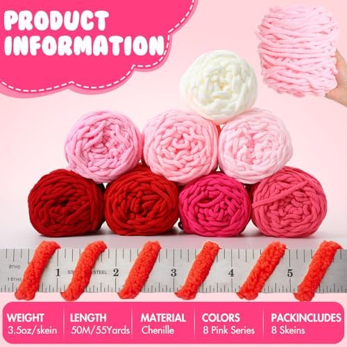 Buryeah 8 Pack Chunky Chenille Yarn for Crocheting, Pink Series