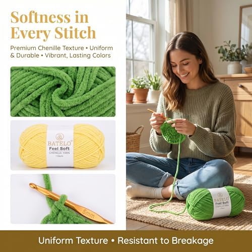 Thin Chenille Yarn for Crocheting & Knitting, Soft Plush Yarn for DIY Crafts, Amigurumi, Home Decor - 3 Light - 4 Pack of 1.7oz/142yds - Avocado Green