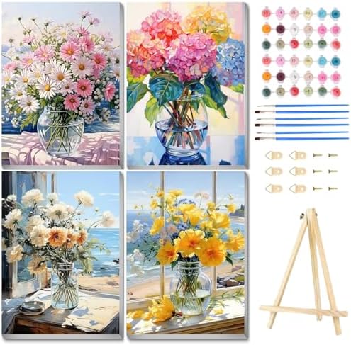 4 Pack Flowers Framed Paint by Numbers Kit for Adults, 10x12 inch