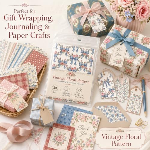30 Sheets Vintage Floral Pattern Scrapbook Paper, Craft Cardstock for Journaling, Gift Wrapping, Collage Art & DIY Greeting Cards