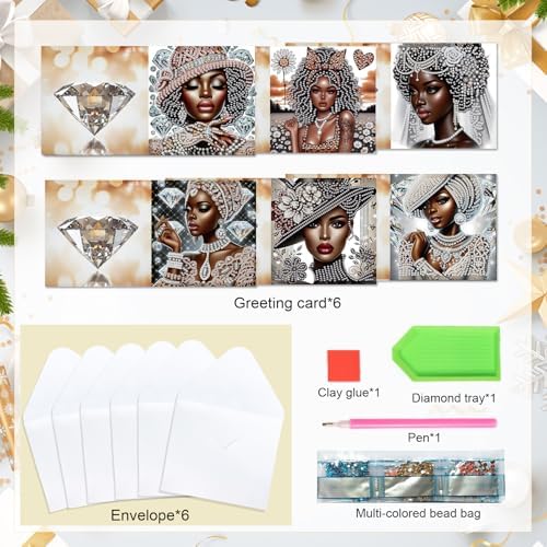 6 Pcs 5D Rhinestone Painting Greeting Cards Kits, Handmade Festival Greeting Cards with Envelopes Laser Effect DIY Diamond Art Crafts Birthday Cards for Birthdays Celebrations (Elegant African)