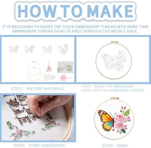 FREEBLOSS 4 Sets Embroidery Kit for Beginners Needlepoint Flower Butterfly Stamped Embroidery Starter Kit with Instructions, Needles, Threads, 2 Hoops 11.6"/29.5CM