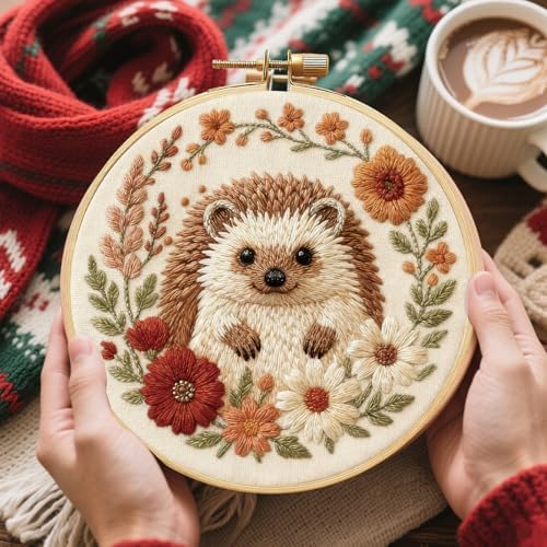 FREEBLOSS 4 Pack Embroidery Kit for Beginners Hedgehog Stamped Embroidery Starter Kit with Instruction Cross Stitch Needlepoint Kits for Crafts Adults with 2 Hoops 20cm/7.9inch