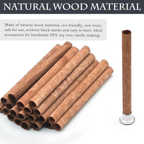 20 Set Wood Spiral Candle Wicks 4x0.32inch / 100x8mm, Wood Wick Tube with Iron Stands for Candle Making, Natural Round Wooden Wick Core Handmade Candles Supplies