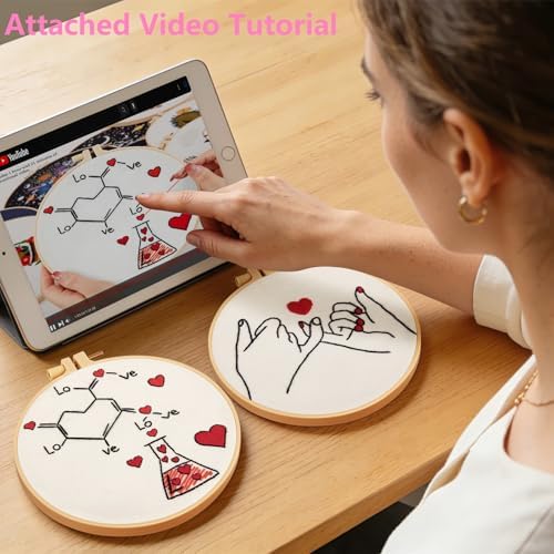 Valentine's Day Embroidery Kits for Beginners Adults, Romance Love Heart Embroidery Needlepoint Kits, Hand Stamped Cross Stitch Kits for Beginners Adults, 2 Embroidery Hoops (Attached Video Tutorial)