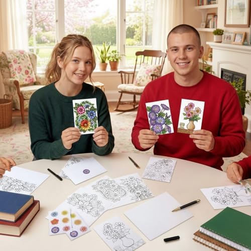 Gueevin 24 Pcs Flowers Coloring Greeting Cards with Envelopes, 4x6