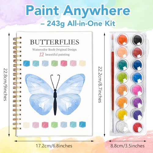 Easy Watercolor Workbook for Beginners - 12 Beautiful Step-by-Step Paintings Water Coloring Book, Includes 16 Colors Paints, Relaxing Art Projects and Creative Gift for Adults & Teen (Butterflies)