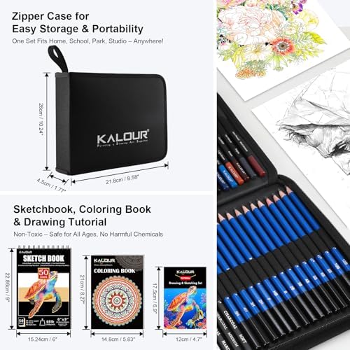 KALOUR PDAS 127 Drawing Set Sketching Kit, Pro Art Supplies with 3-Color Sketchbook & Coloring Book, Neon, Colored, Watercolor, Metallic, Graphite, Charcoal Pencils, Gift for Artists Adults Teens